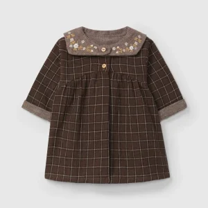 Abito Quadri Bambina Doppia Garza Cotone Organico - Ricamo Lana Maniche Versatili Bottoni Legno Snug